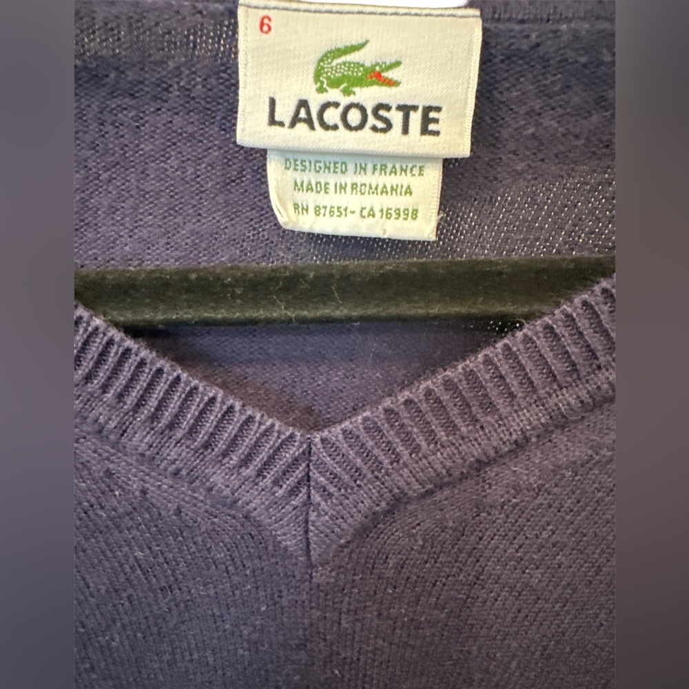 Lacoste Size 6 (L) Blue V  Neck Pullover Sweater Very‎ Good - Picture 3 of 4